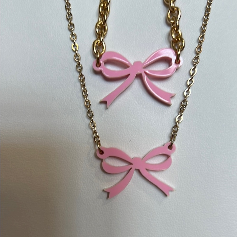 Pink and Gold Bow Pendant Necklace Set